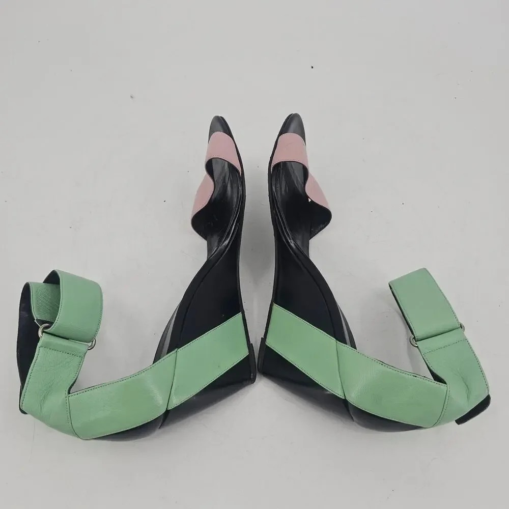 Pierre Hardy Leather Colorblock Wedge Sandal Shoe Green Pink Black EU 40 US 9.5